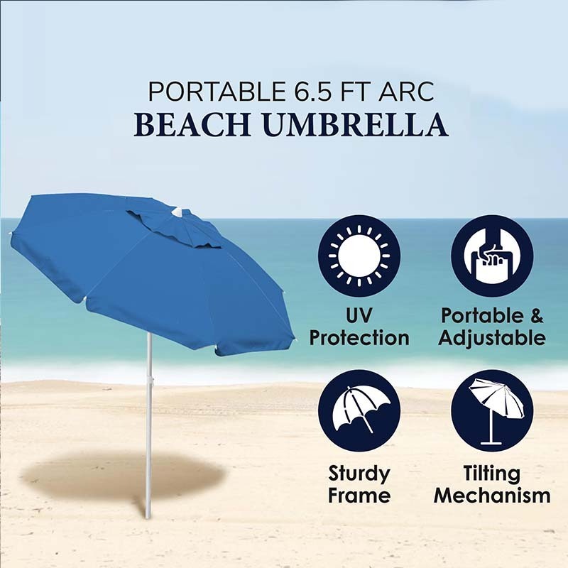 Custom Logo Blue 200cm Large 8 Ribs Portable Foldable Tilt Outdoor Windproof Sun Shade Parasols Beach Umbrella With Carrying Bag