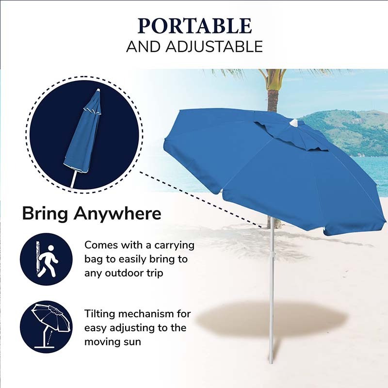 Custom Logo Blue 200cm Large 8 Ribs Portable Foldable Tilt Outdoor Windproof Sun Shade Parasols Beach Umbrella With Carrying Bag