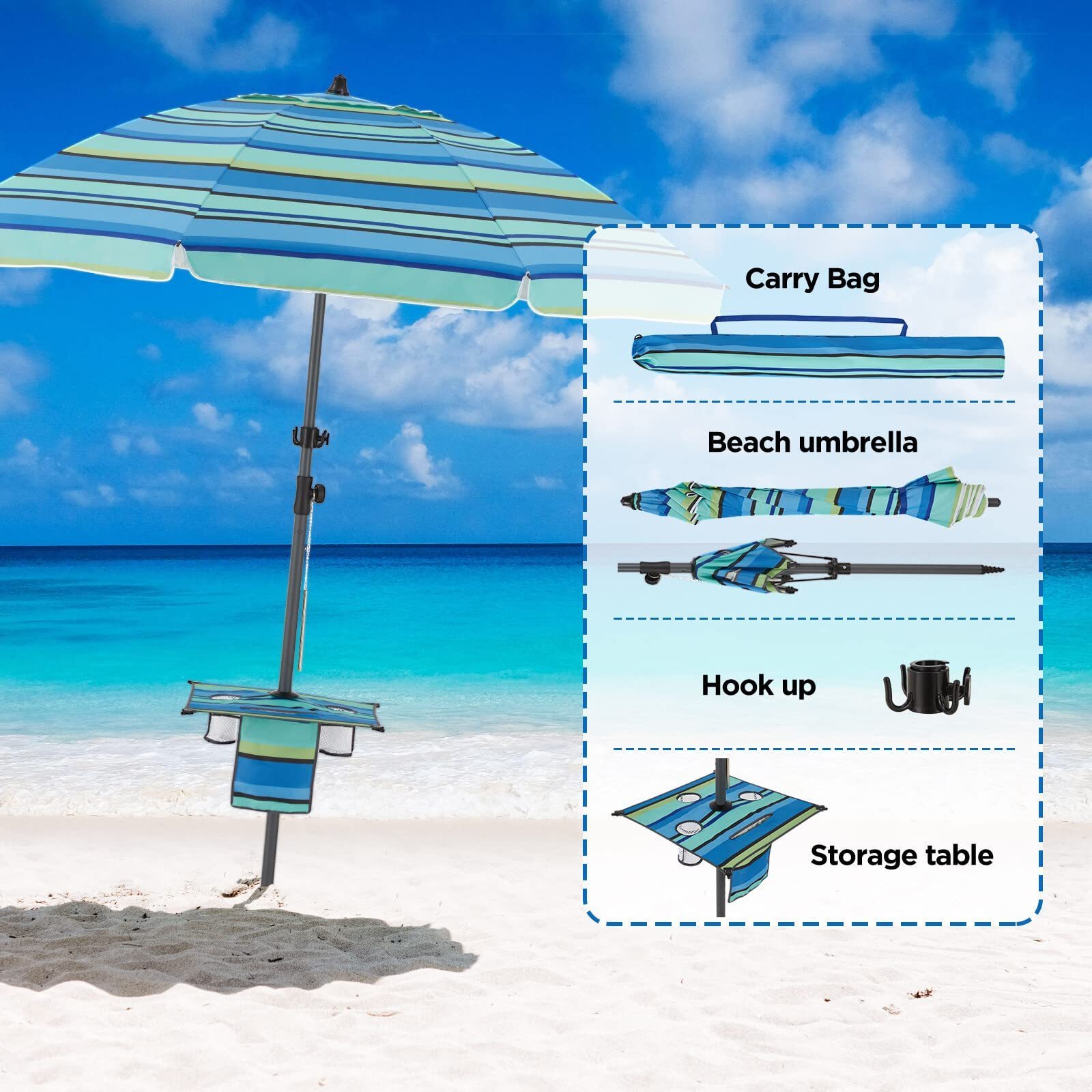 Manufacturer Portable Large Sun Canopy Tilt Hook Green Stripe Metal Outdoor Garden Beach Umbrella Parasol With Table Sand Anchor