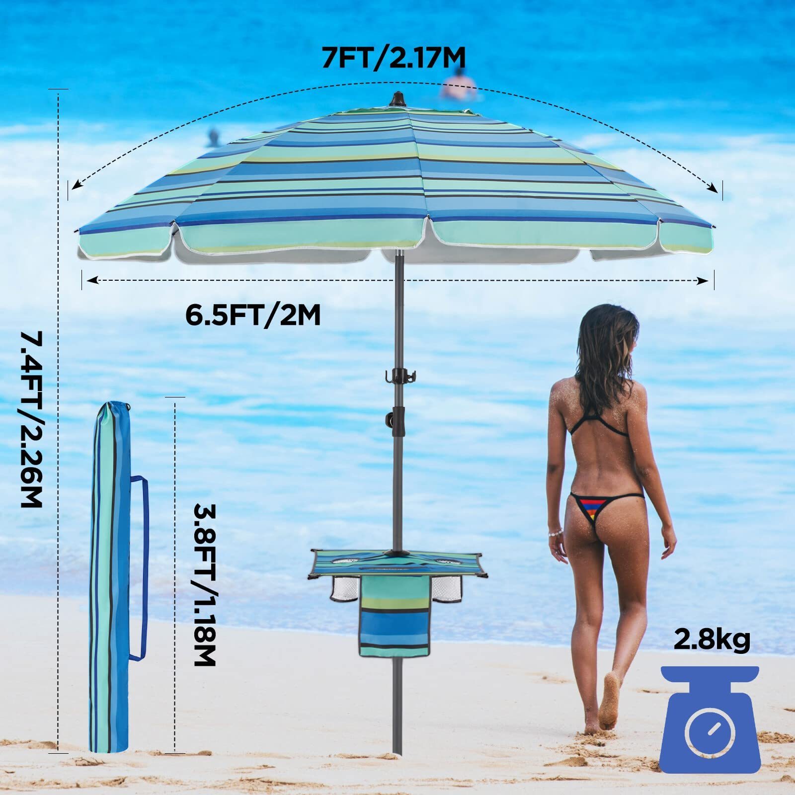 Manufacturer Portable Large Sun Canopy Tilt Hook Green Stripe Metal Outdoor Garden Beach Umbrella Parasol With Table Sand Anchor