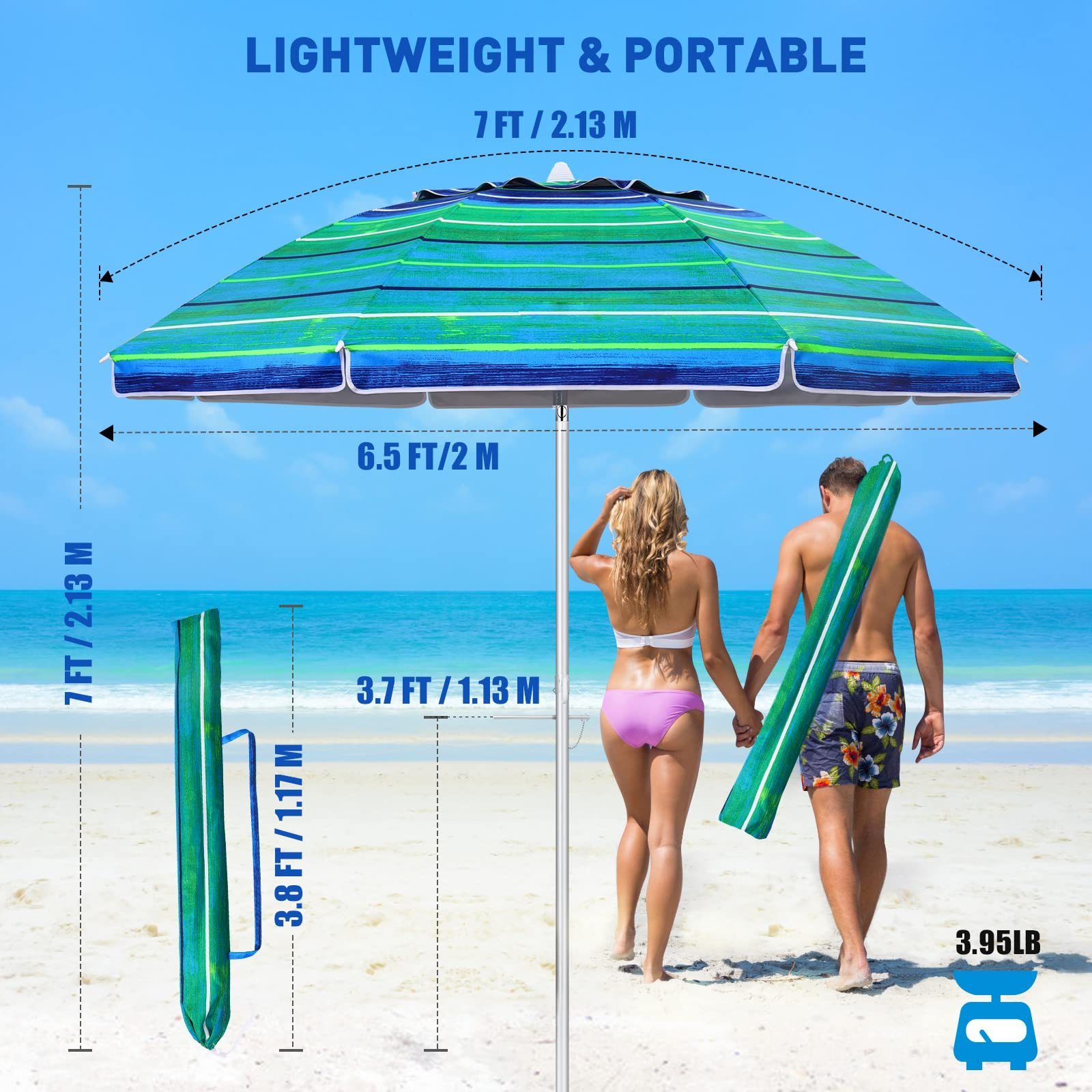 Beach Parasol Outdoor 7ft 6.5ft Diameter 8 Rib UV 50+  Adjustable Tilt Pole Large Heavy Duty Windproof Umbrella with Sand Anchor