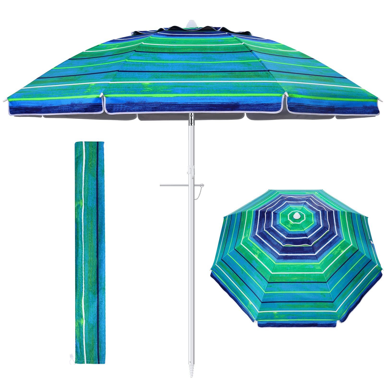 Beach Parasol Outdoor 7ft 6.5ft Diameter 8 Rib UV 50+  Adjustable Tilt Pole Large Heavy Duty Windproof Umbrella with Sand Anchor