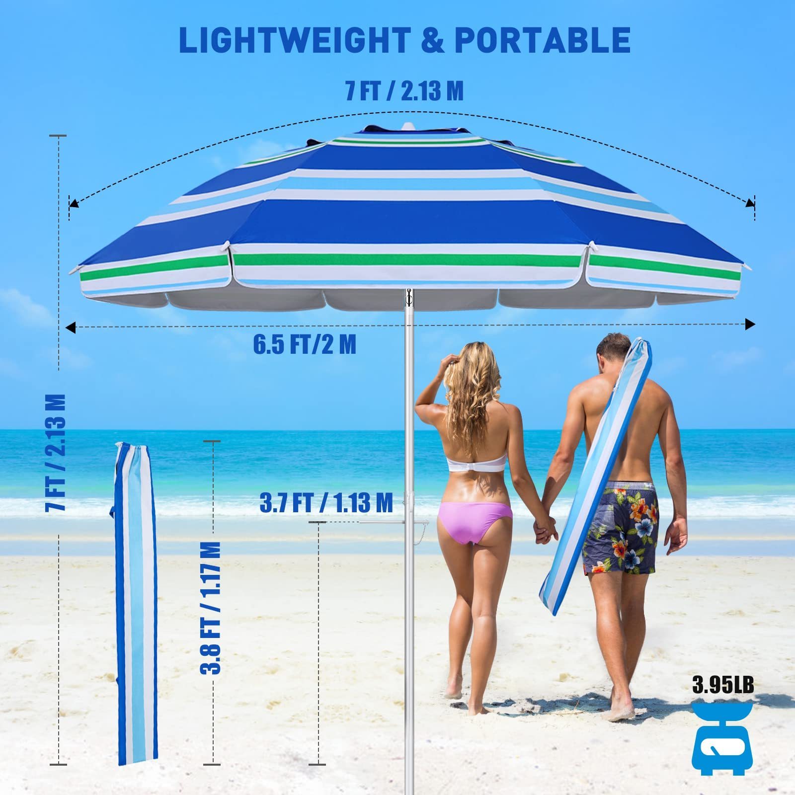 7FT 8FT Portable Blue Big Outdoor Parasol Heavy Duty Tilt UV50+ twist in Sand Sun Beach Umbrella with Carry Bag for Patio Garden