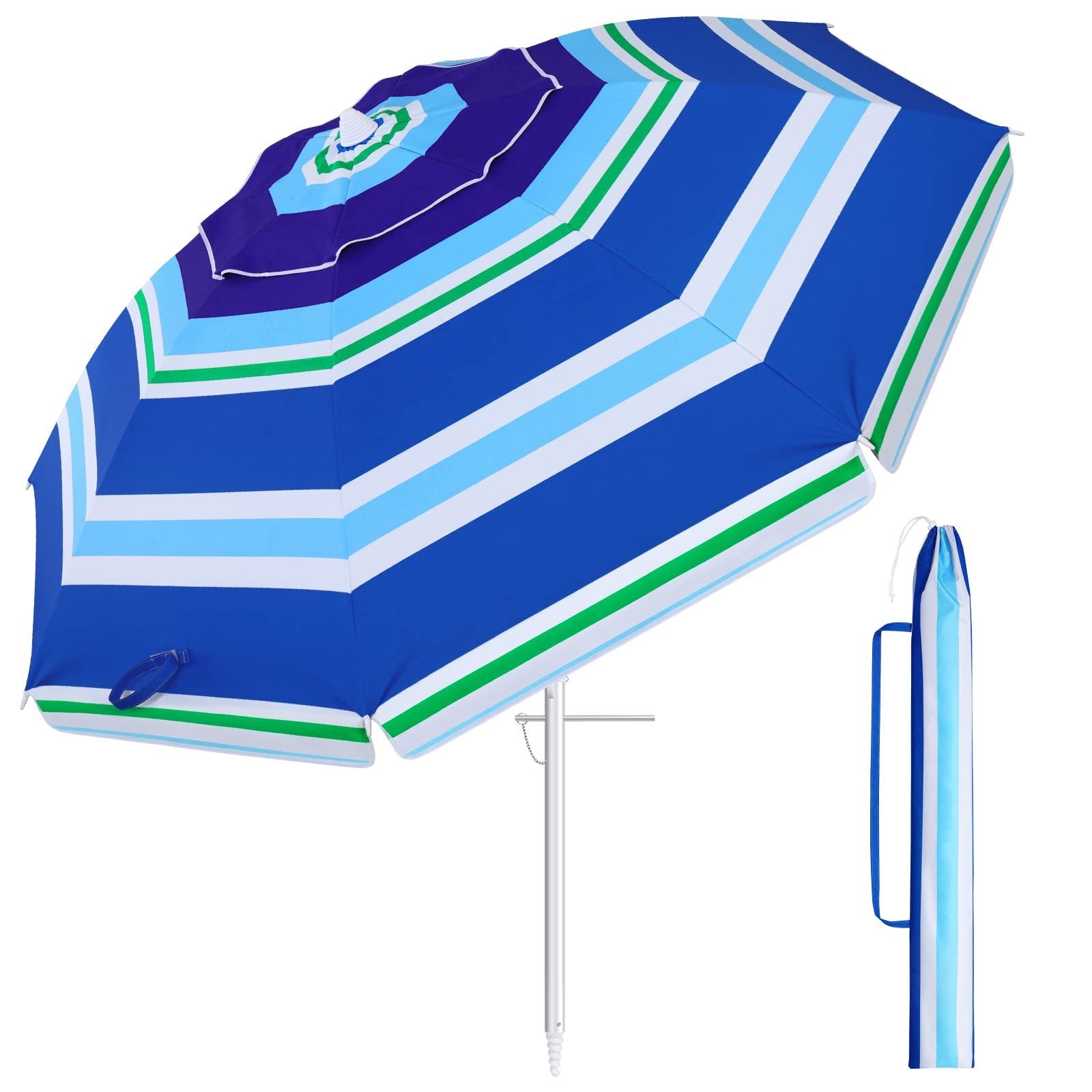 7FT 8FT Portable Blue Big Outdoor Parasol Heavy Duty Tilt UV50+ twist in Sand Sun Beach Umbrella with Carry Bag for Patio Garden