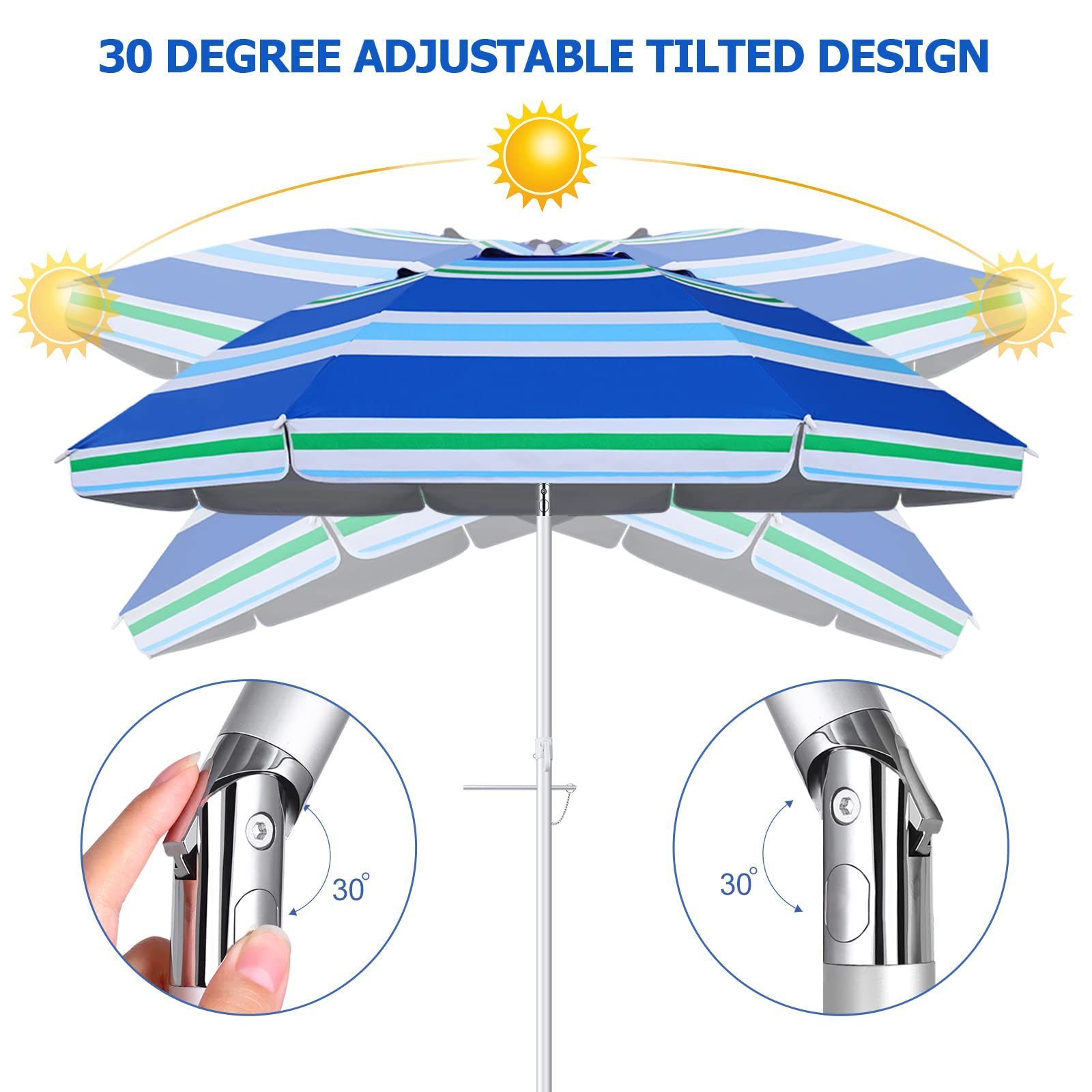 7FT 8FT Portable Blue Big Outdoor Parasol Heavy Duty Tilt UV50+ twist in Sand Sun Beach Umbrella with Carry Bag for Patio Garden