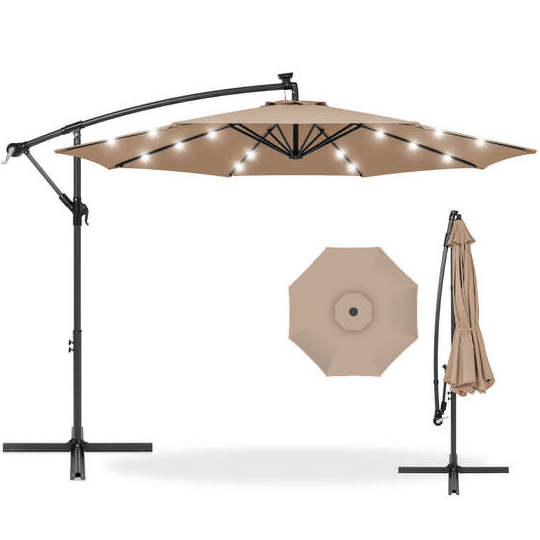 10ft Outdoor 210g Polyester Steel Pole Solar Powered LED Offset Hanging Cantilever patio umbrella With Crank Tilt Adjustment