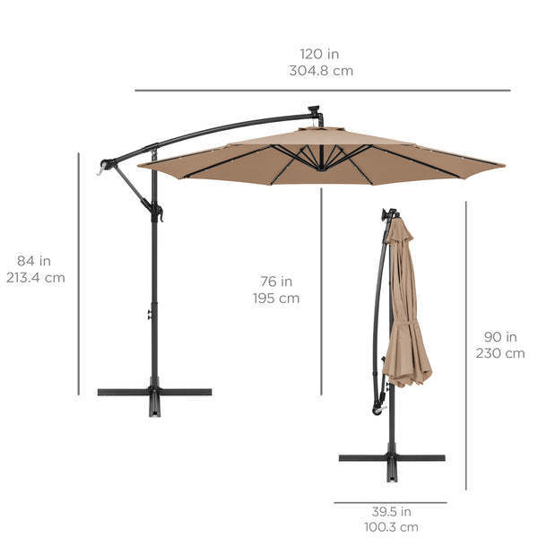 10ft Outdoor 210g Polyester Steel Pole Solar Powered LED Offset Hanging Cantilever patio umbrella With Crank Tilt Adjustment