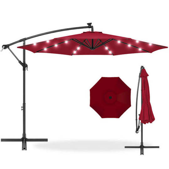 10ft Quality Polyester Waterproof Sun Parasol LED Cantilever Offset Patio Umbrella with Led Solar Lights For Outdoor Garden Pool