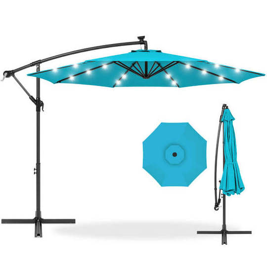 Large 3m 8 Ribs Heavy Duty Foldable Solar Hanging Sun Garden Umbrella with LED Lights Outdoor Patio Banana Cantilever Umbrellas