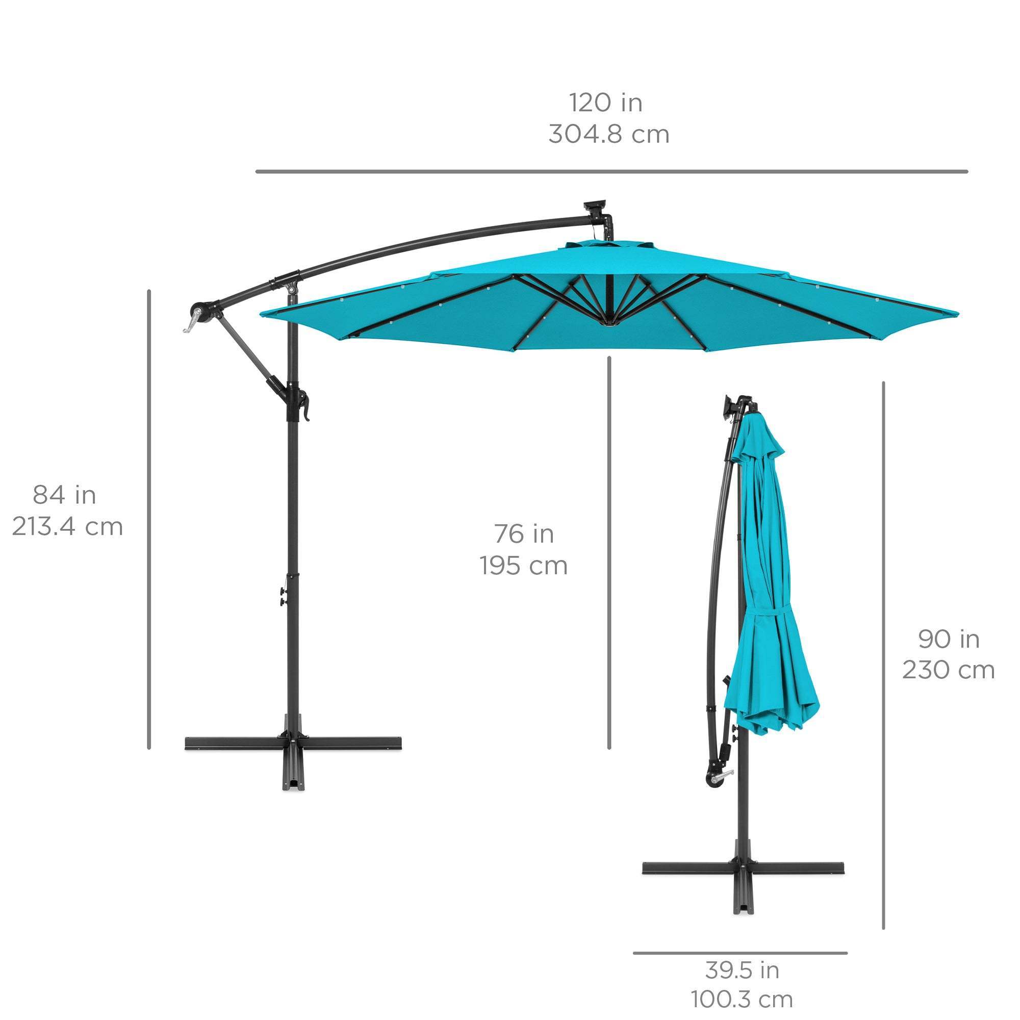 Large 3m 8 Ribs Heavy Duty Foldable Solar Hanging Sun Garden Umbrella with LED Lights Outdoor Patio Banana Cantilever Umbrellas