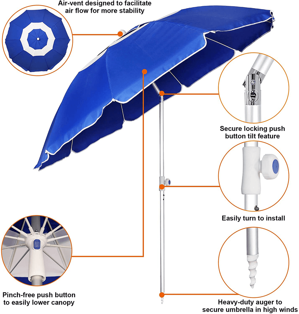 7'  Heavy Duty Portable Beach Umbrella with Sand Anchor Adjustable Height Air Vent Aluminum Sun Shelter for Patio Garden Outdoor