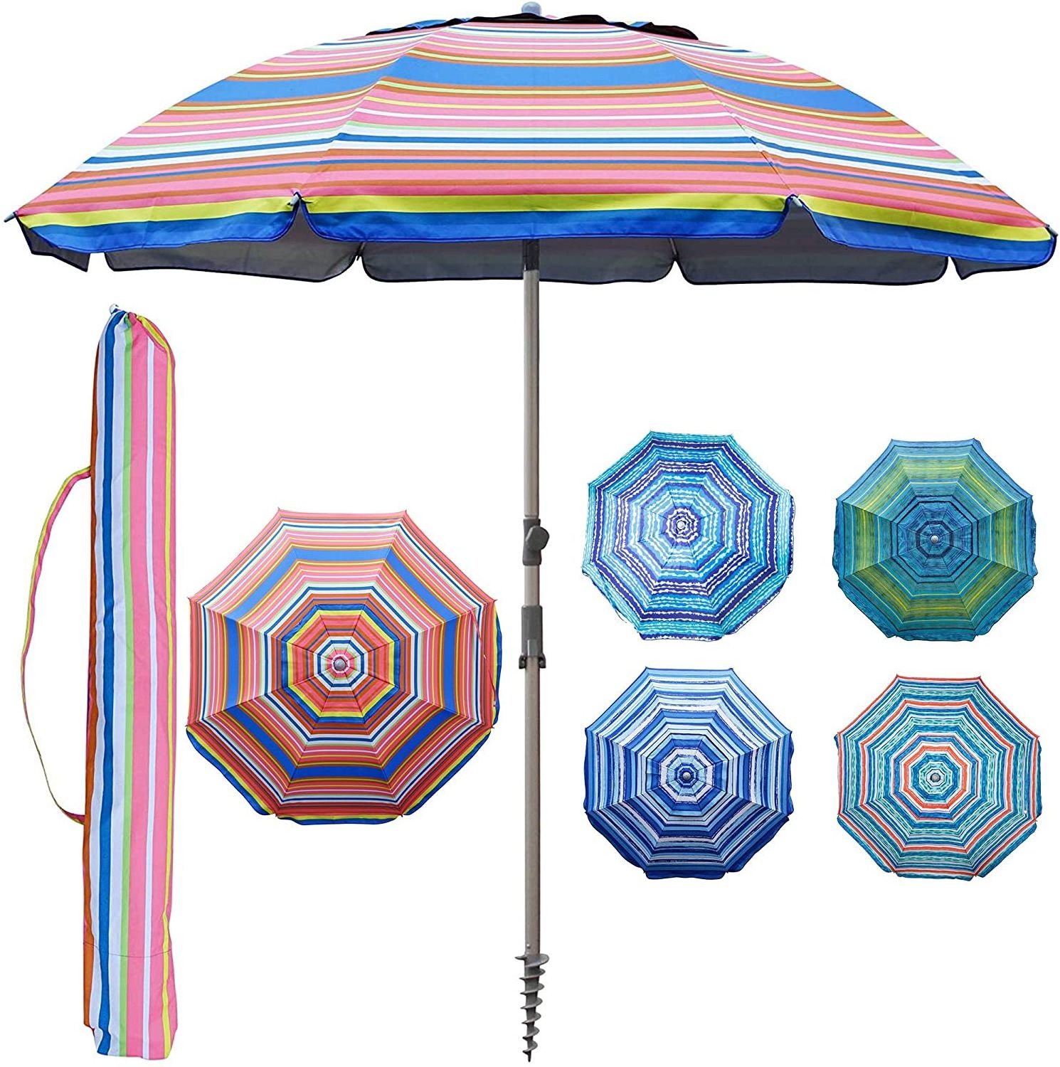 Customized printed Striped Large  Outdoor Travel Sun Shade Beach Umbrella Parasol With Logo Ttilt Outdoor Patio Market Umbrella