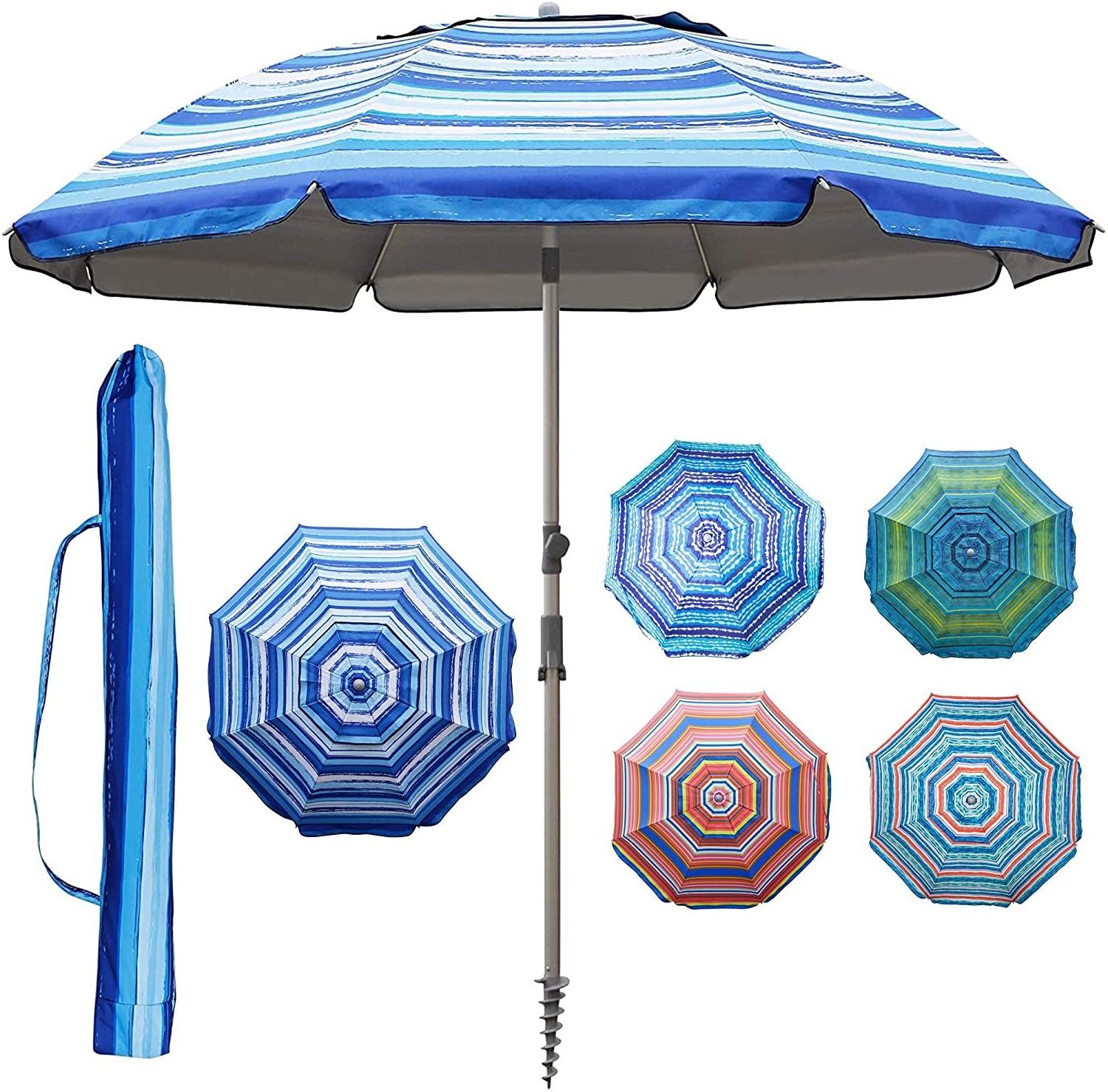 Customized printed Striped Large  Outdoor Travel Sun Shade Beach Umbrella Parasol With Logo Ttilt Outdoor Patio Market Umbrella