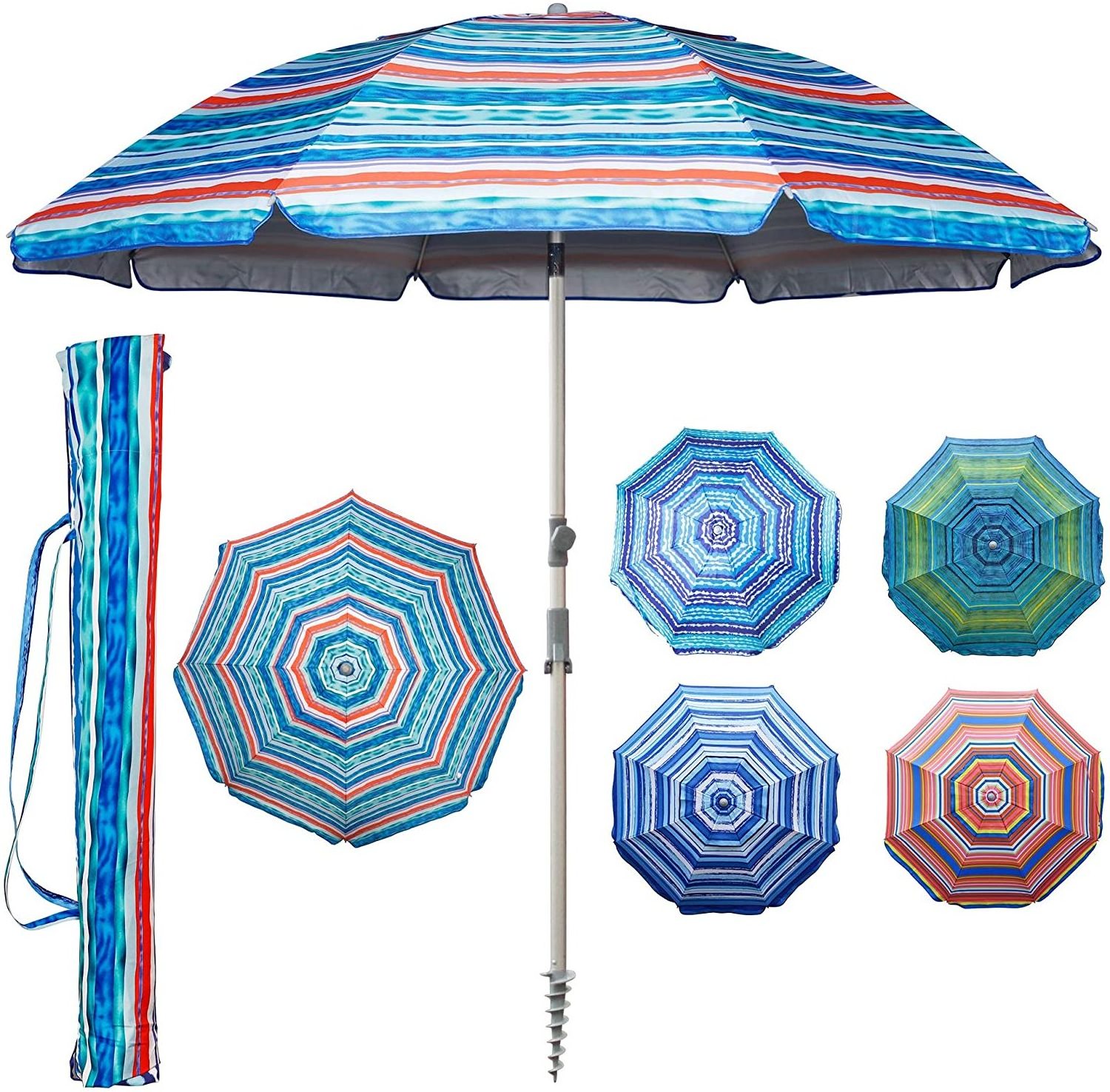 Customized printed Striped Large  Outdoor Travel Sun Shade Beach Umbrella Parasol With Logo Ttilt Outdoor Patio Market Umbrella