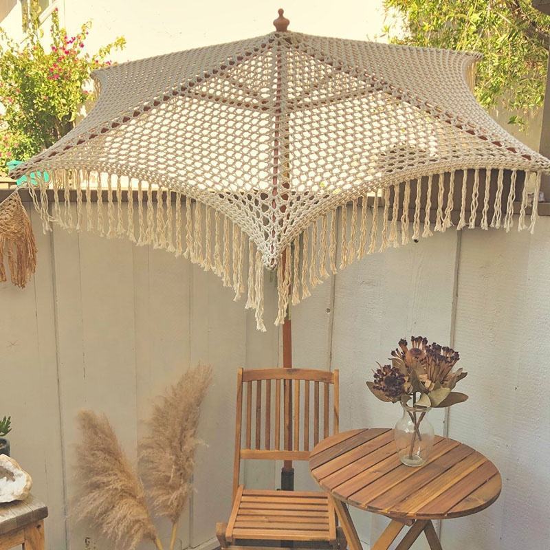 Patio Wooden Pole Handmade Cotton Rope Woven Canopy Tassels 2.5m Sun Parasol Macrame Outdoor Beach Garden Umbrella With Fringe