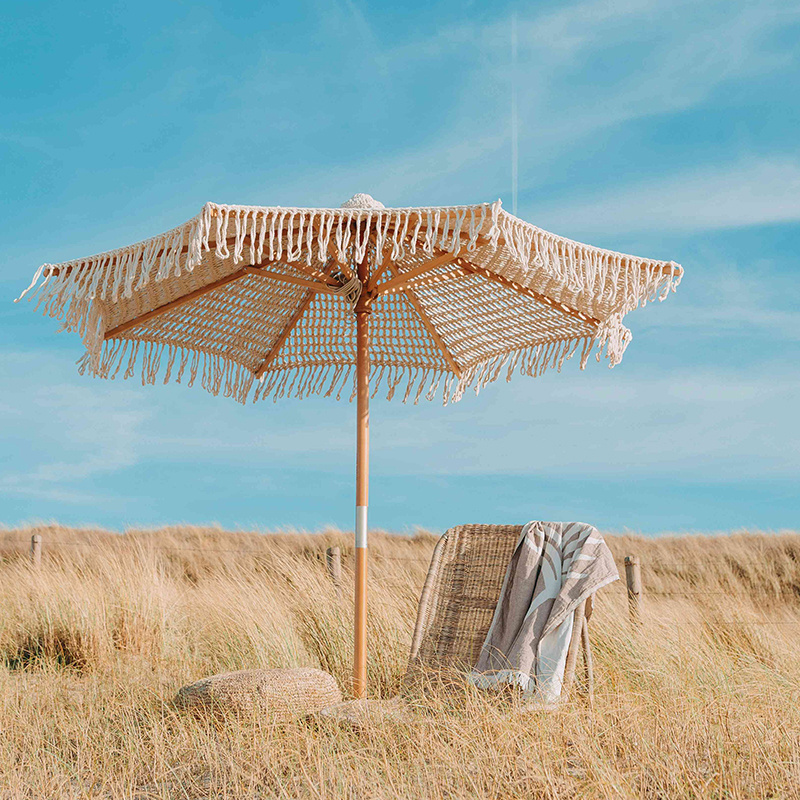 Patio Wooden Pole Handmade Cotton Rope Woven Canopy Tassels 2.5m Sun Parasol Macrame Outdoor Beach Garden Umbrella With Fringe