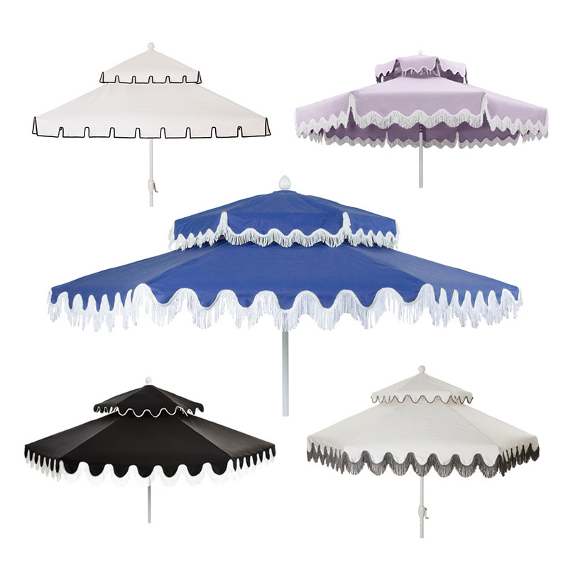 Custom 260cm Aluminum Double Top Canopy Scalloped Sun Garden Umbrella Outdoor Market Two-Tier Fringe Patio Umbrella For Pool