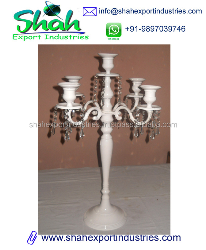 Standard Design white Candelabra centerpieces With Hanging Crystal & Flower Bowl In Middle For Home Decoration