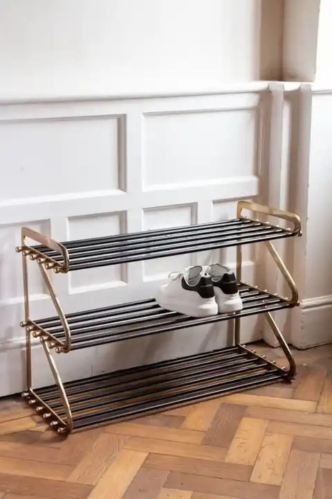 Fancy Design Metal Shoe Rack Gold and Black Entryway Neat Corner Spaces Breathable Rack Compact Sturdy Durable Organizer Rack