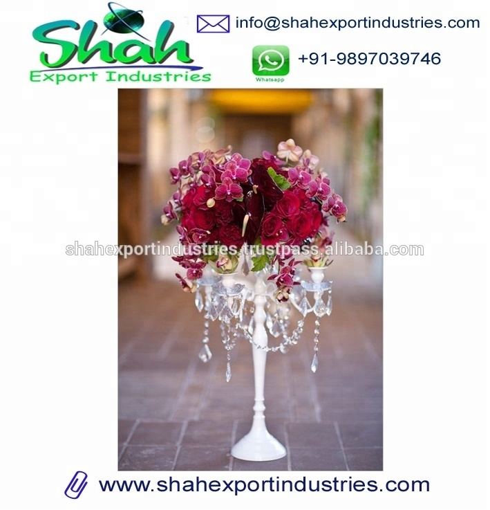 Standard Design white Candelabra centerpieces With Hanging Crystal & Flower Bowl In Middle For Home Decoration