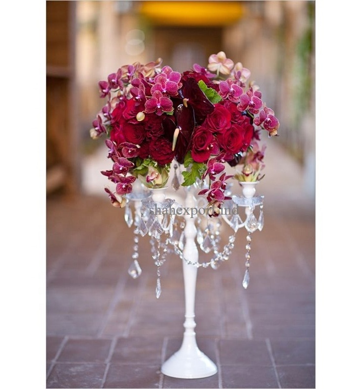 Standard Design white Candelabra centerpieces With Hanging Crystal & Flower Bowl In Middle For Home Decoration