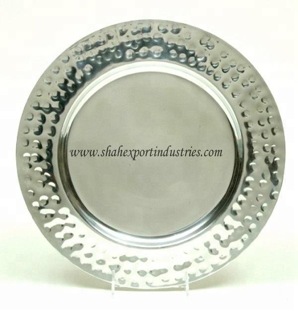 Silver Stainless Steel Hammer Edge Charger Plates 13 Inch Round Wedding Party Decoration Charger Plates Shiny Metallic