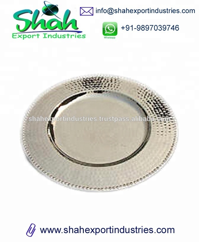 Silver Stainless Steel Hammer Edge Charger Plates 13 Inch Round Wedding Party Decoration Charger Plates Shiny Metallic