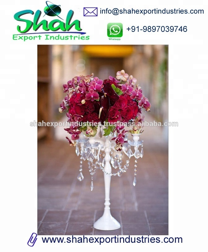 Standard Design white Candelabra centerpieces With Hanging Crystal & Flower Bowl In Middle For Home Decoration