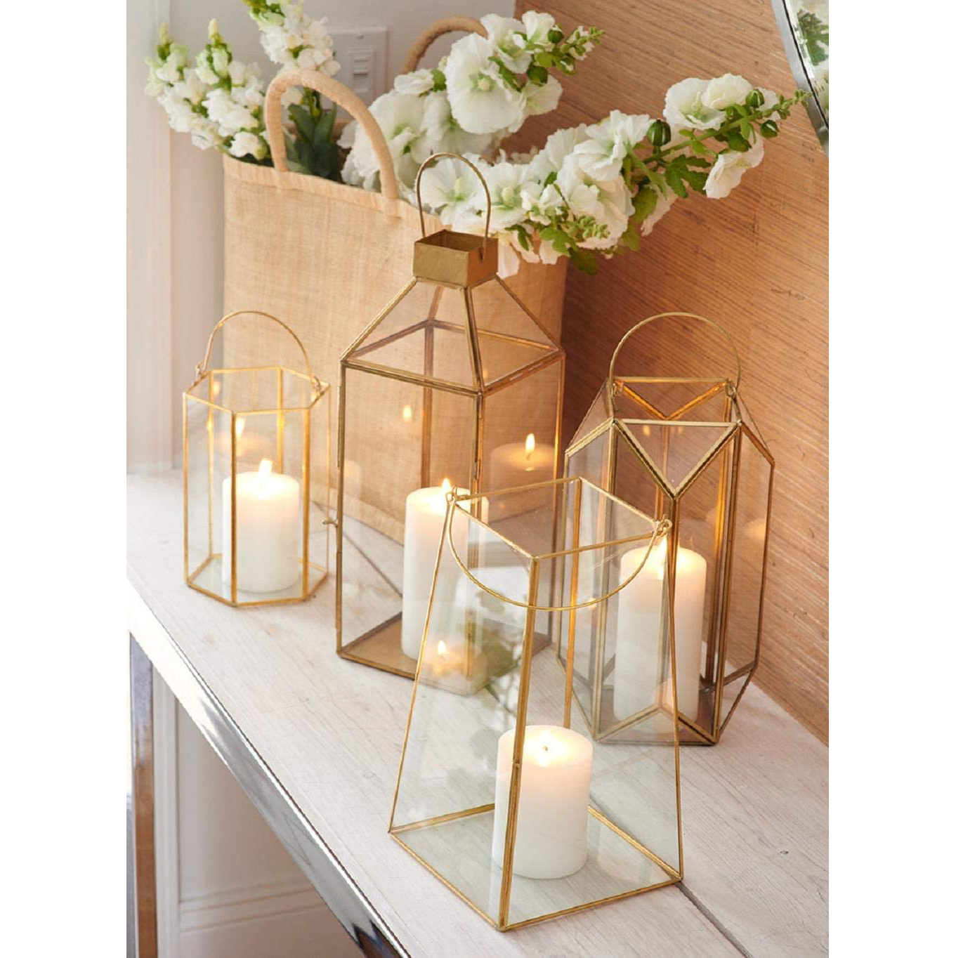 Attractive & Graceful Small Gold Metal Lantern Candle Holder with Clear Glass Rustic Indoor/Outdoor Light for Christmas Decor