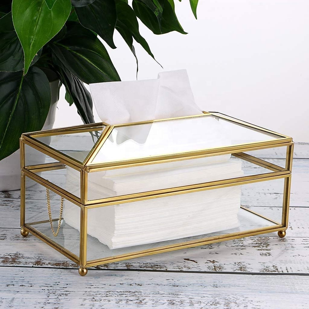 Clear Glass Tissue Box Cover Best Golden Rectangle Handmade Fancy Napkin Dispenser Table Decorative New Wholesale Tissue Box