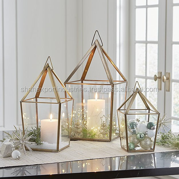 Attractive & Graceful Small Gold Metal Lantern Candle Holder with Clear Glass Rustic Indoor/Outdoor Light for Christmas Decor