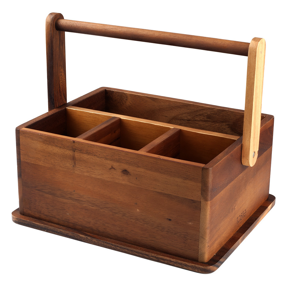 Cutlery and Napkin Holder Mango Wood Caddy with Metal Handle Exporter Customized Design Wooden Serving Caddy Manufacturer