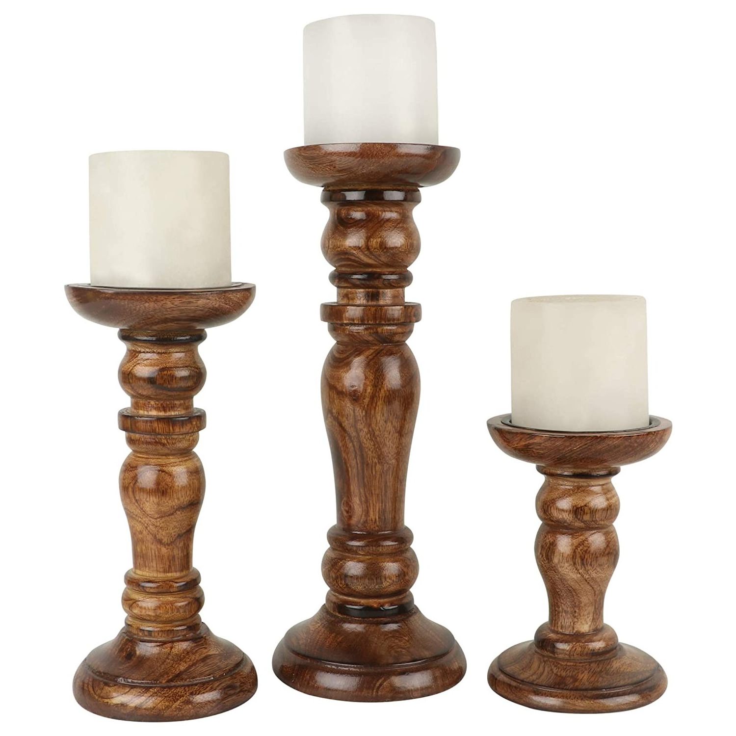 Decorative Wooden Candle Stand, Set Of 3, Hand Crafted Wood Candle Holder For Living Room.