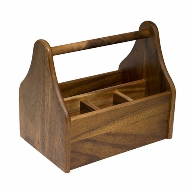 Cutlery and Napkin Holder Mango Wood Caddy with Metal Handle Exporter Customized Design Wooden Serving Caddy Manufacturer