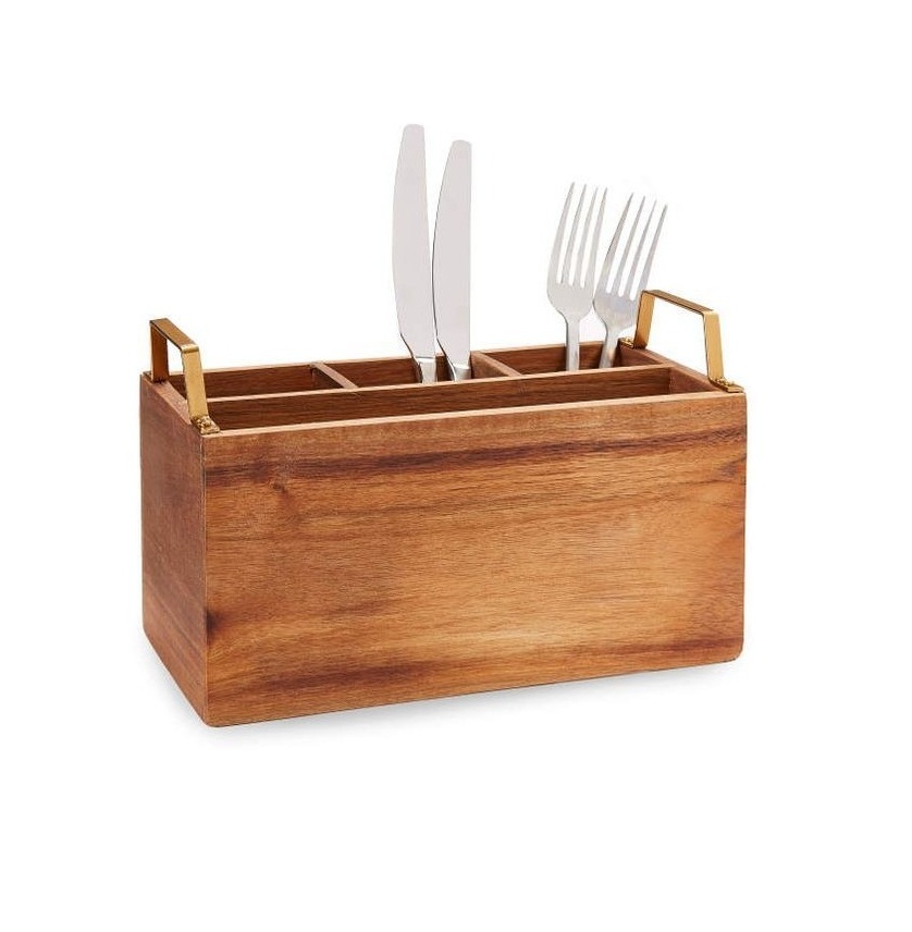 Cutlery and Napkin Holder Mango Wood Caddy with Metal Handle Exporter Customized Design Wooden Serving Caddy Manufacturer