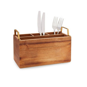 Cutlery and Napkin Holder Mango Wood Caddy with Metal Handle Exporter Customized Design Wooden Serving Caddy Manufacturer