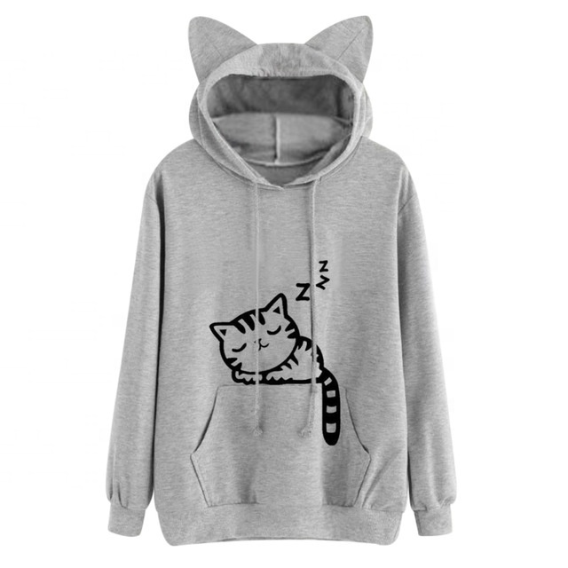 Women's New style Women Letter  Pink Winter Cat Pattern Long Sleeve Hoodie  by EVERGLOW