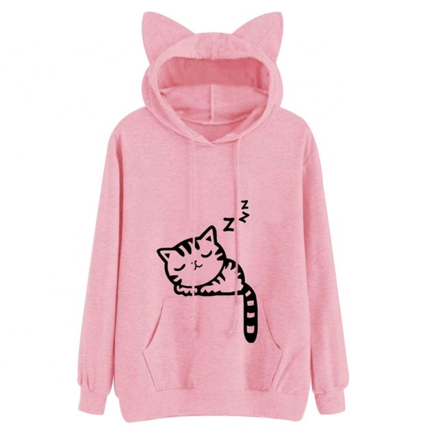 Women's New style Women Letter  Pink Winter Cat Pattern Long Sleeve Hoodie  by EVERGLOW