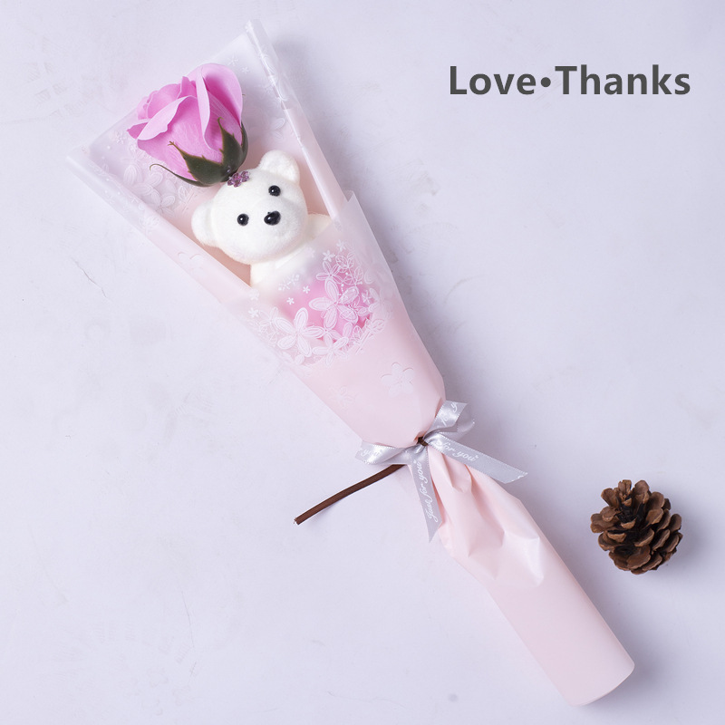 New Hot Selling Valentine's Day Gift Single Mini Teddy Bear Bouquet Rose Soap Flowers