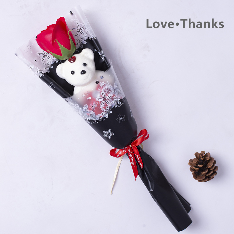 New Hot Selling Valentine's Day Gift Single Mini Teddy Bear Bouquet Rose Soap Flowers