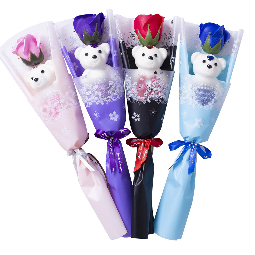 New Hot Selling Valentine's Day Gift Single Mini Teddy Bear Bouquet Rose Soap Flowers