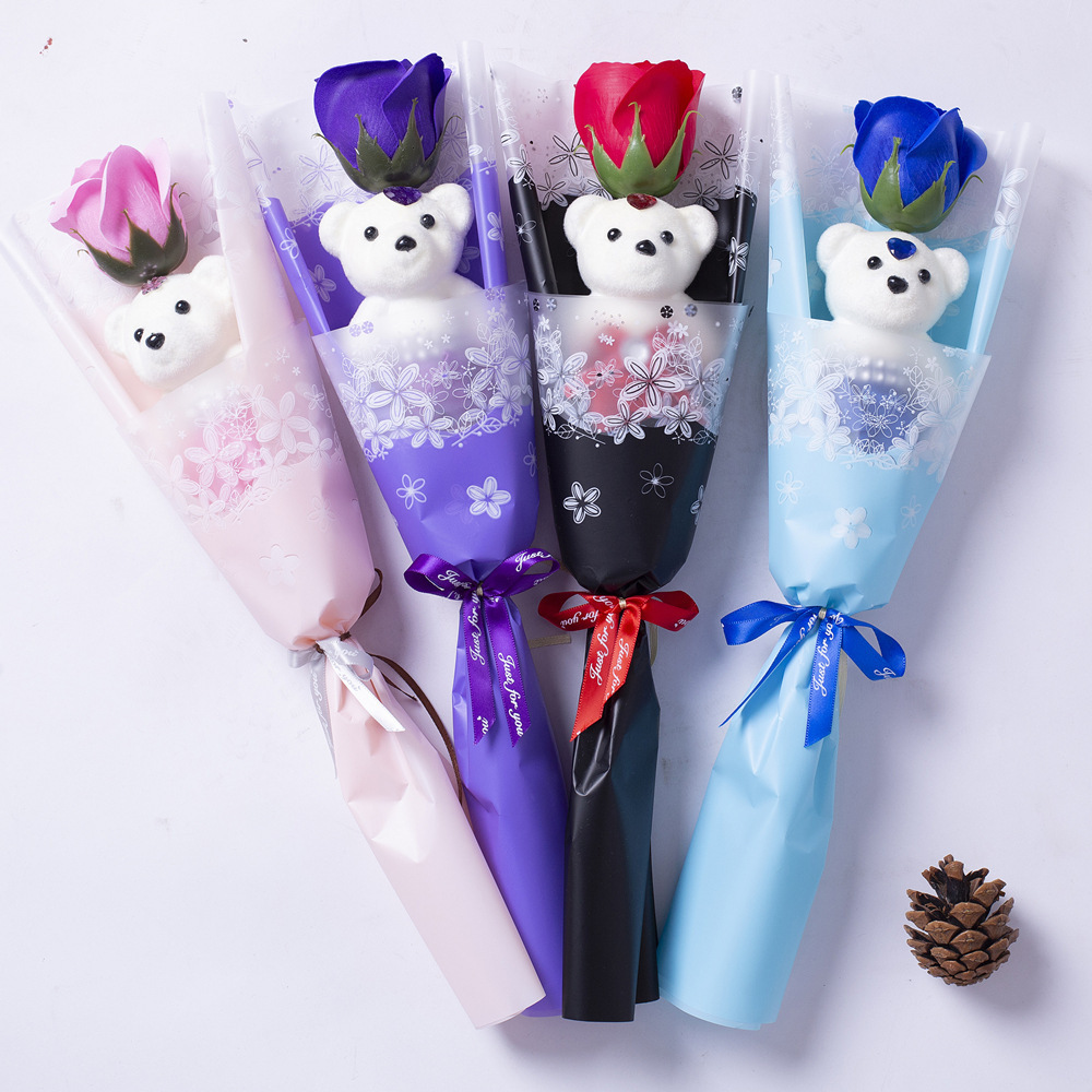 New Hot Selling Valentine's Day Gift Single Mini Teddy Bear Bouquet Rose Soap Flowers