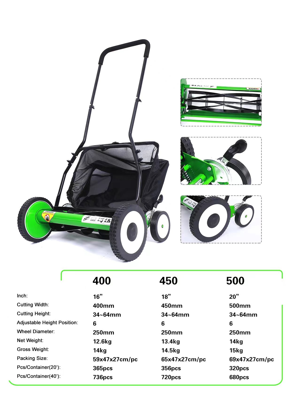 20-Inch Hand Push Reel Lawn Mower with Grass Catcher Manual Garden Lawn Mower Light-Weight Height Adjustable