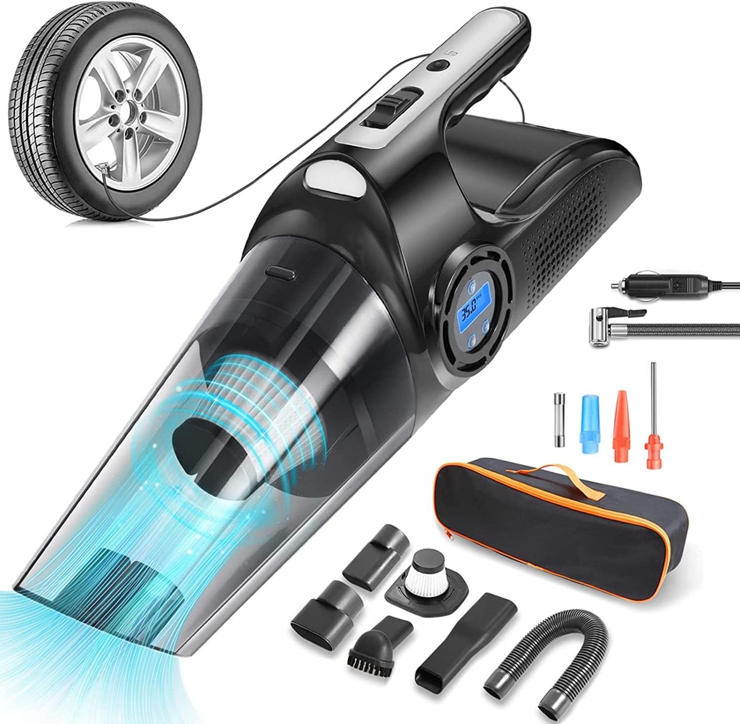 Car Vacuum Cleaner 4 in 1 Multipurpose Portable with Digital Display LED Air Compressor Pump DC 12V Tire Inflator for Cars