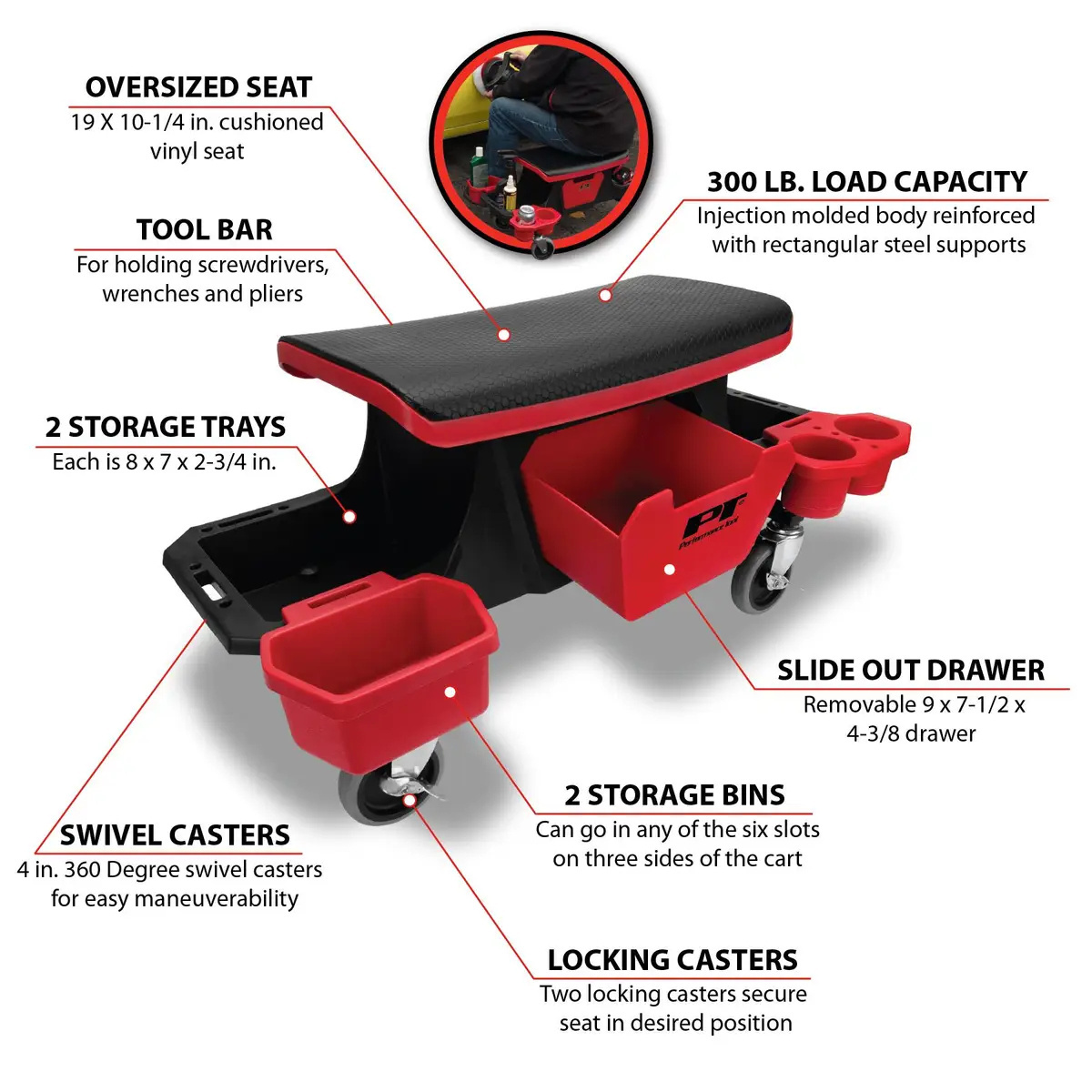 Rolling Mechanic Toolbox Stool Mobile Garage Rolling Seat with Repair Tool Tray DIY Home Car Wash Wax Polishing Seat