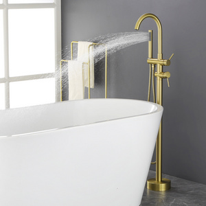 CUPC CEC floor mounted bathtub faucet double handle bath tub filler brushed gold freestanding brass bathtub faucet