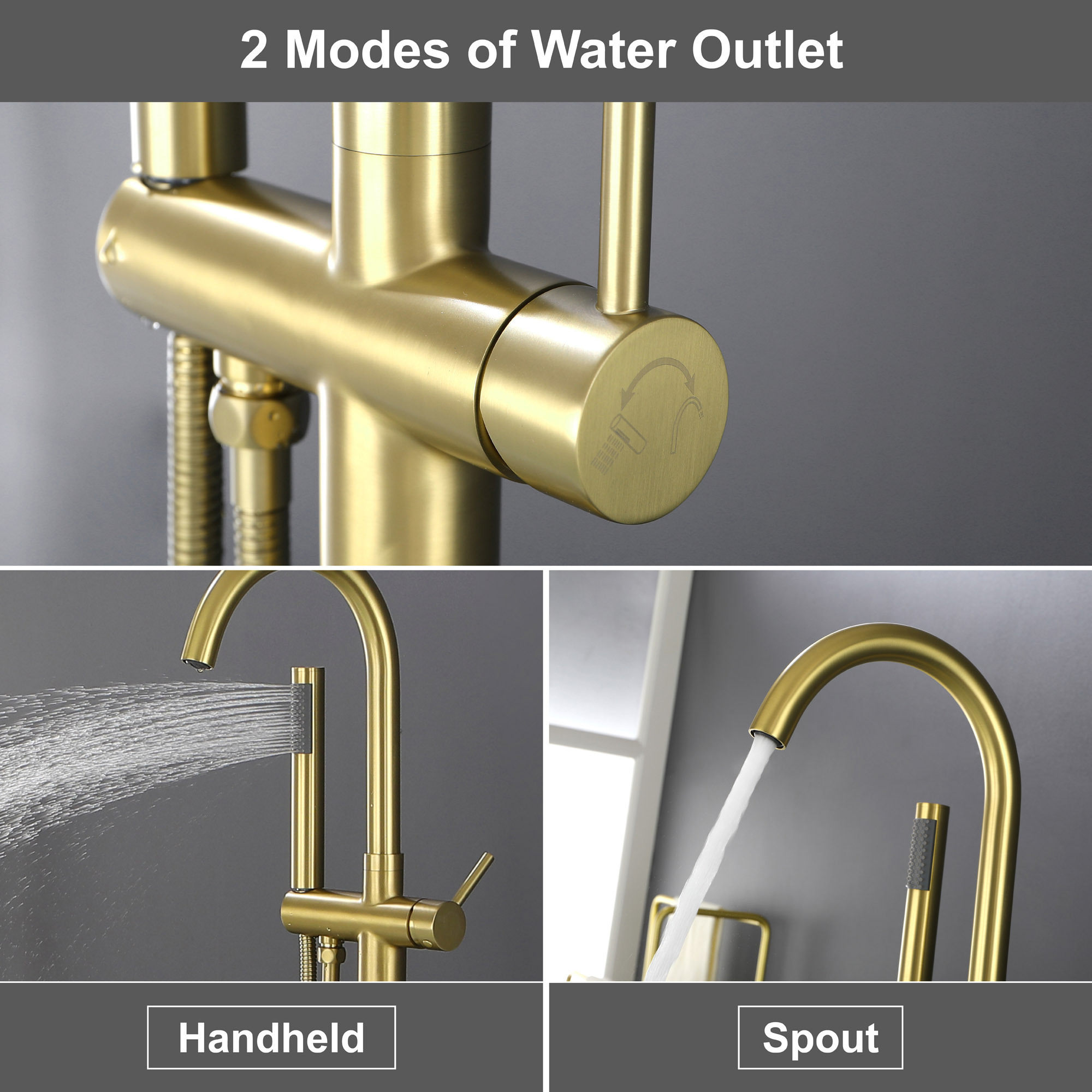 CUPC CEC floor mounted bathtub faucet double handle bath tub filler brushed gold freestanding brass bathtub faucet