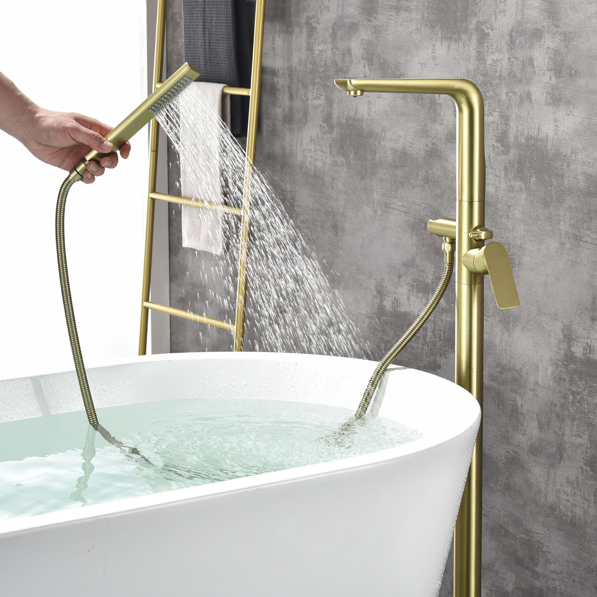 Free standing bathtub faucet shower bath mixer tap floor mounted single handle brushed gold tub filler