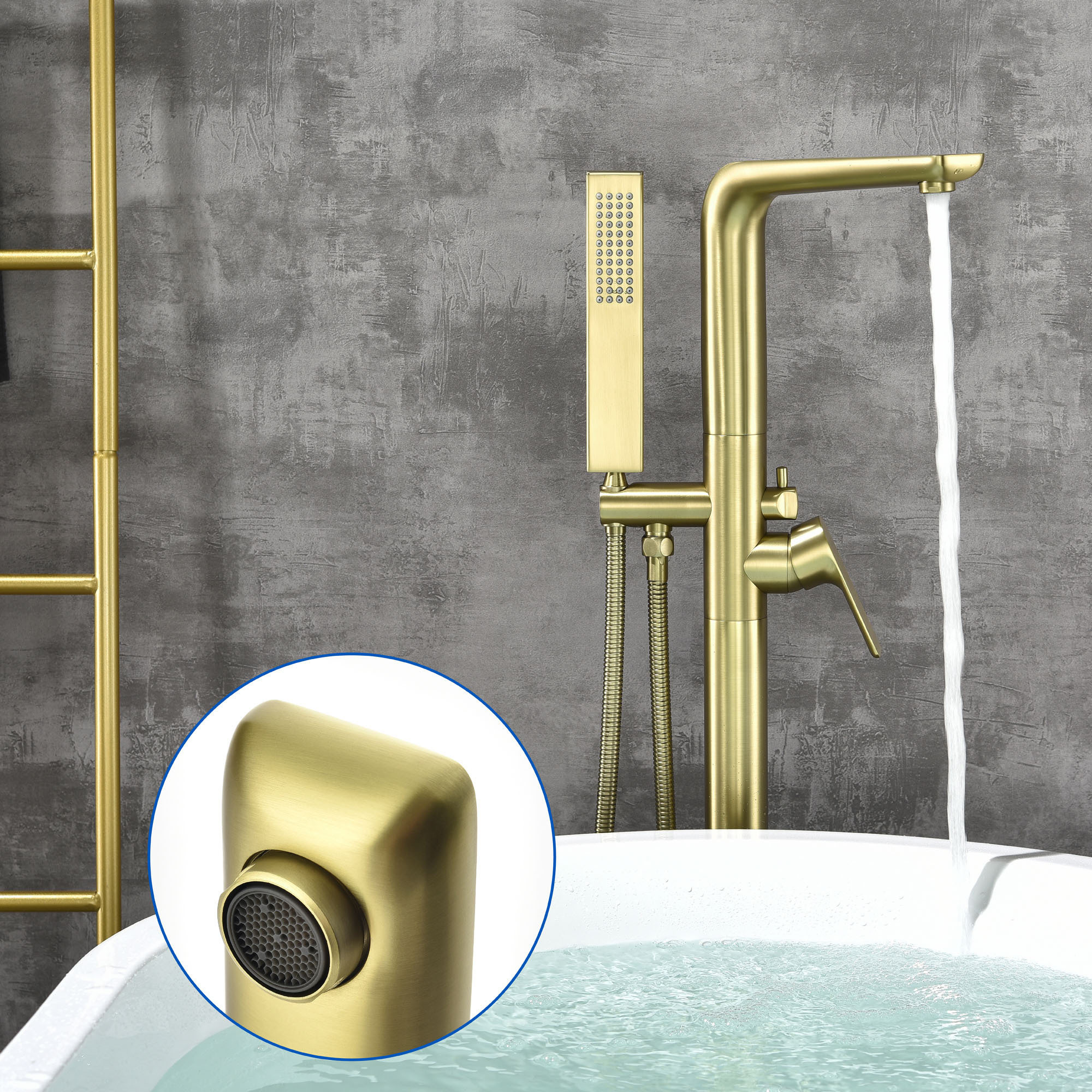 Free standing bathtub faucet shower bath mixer tap floor mounted single handle brushed gold tub filler