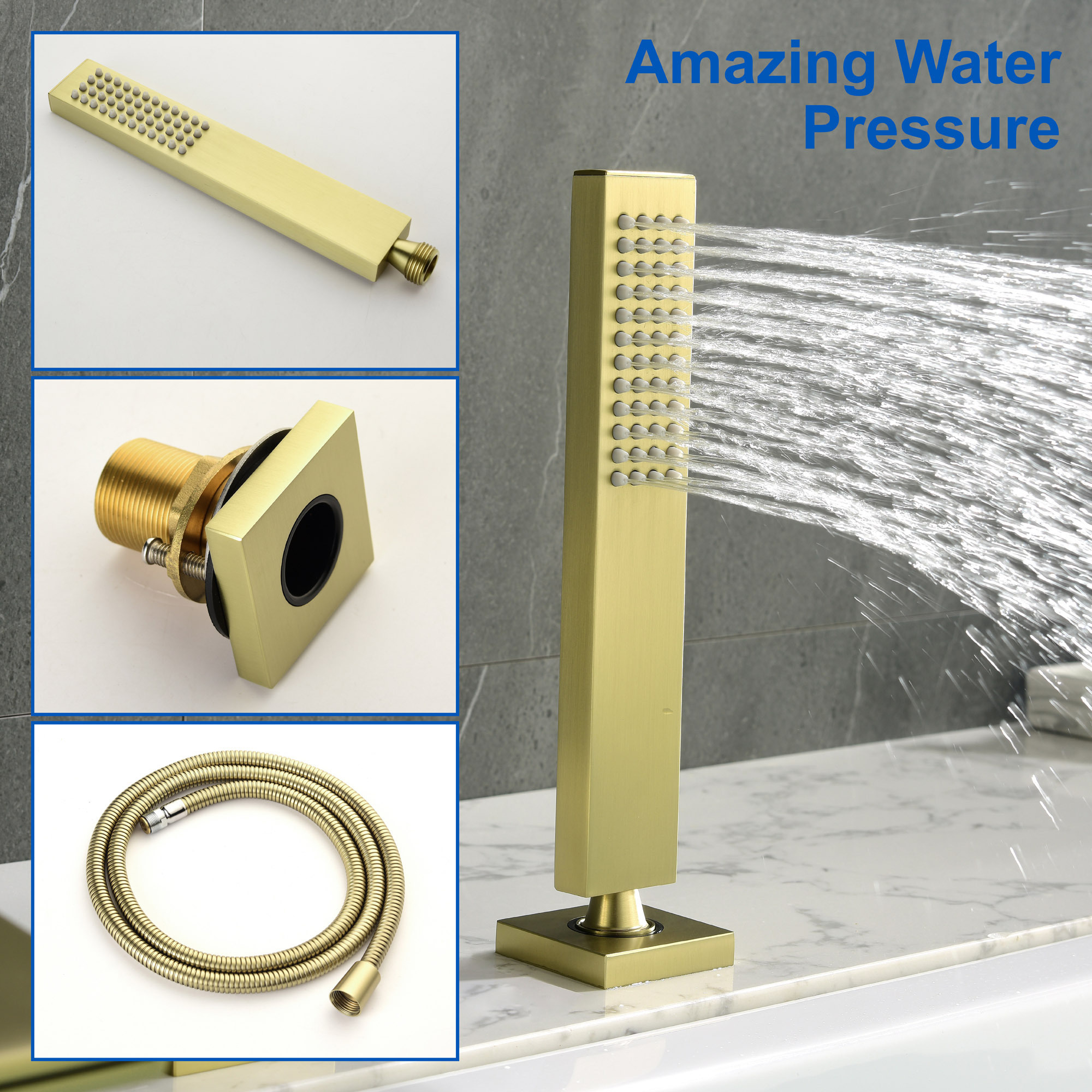 Hot cold water mixer waterfall spout bathtub faucet gold deck mount tub faucet with hand shower